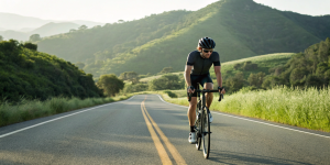 Cyclist on an open road training for a first 100 mile bike ride.