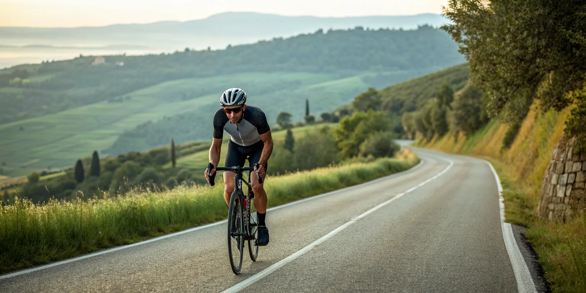 A cyclist training on a scenic road for their 100 mile bike ride.