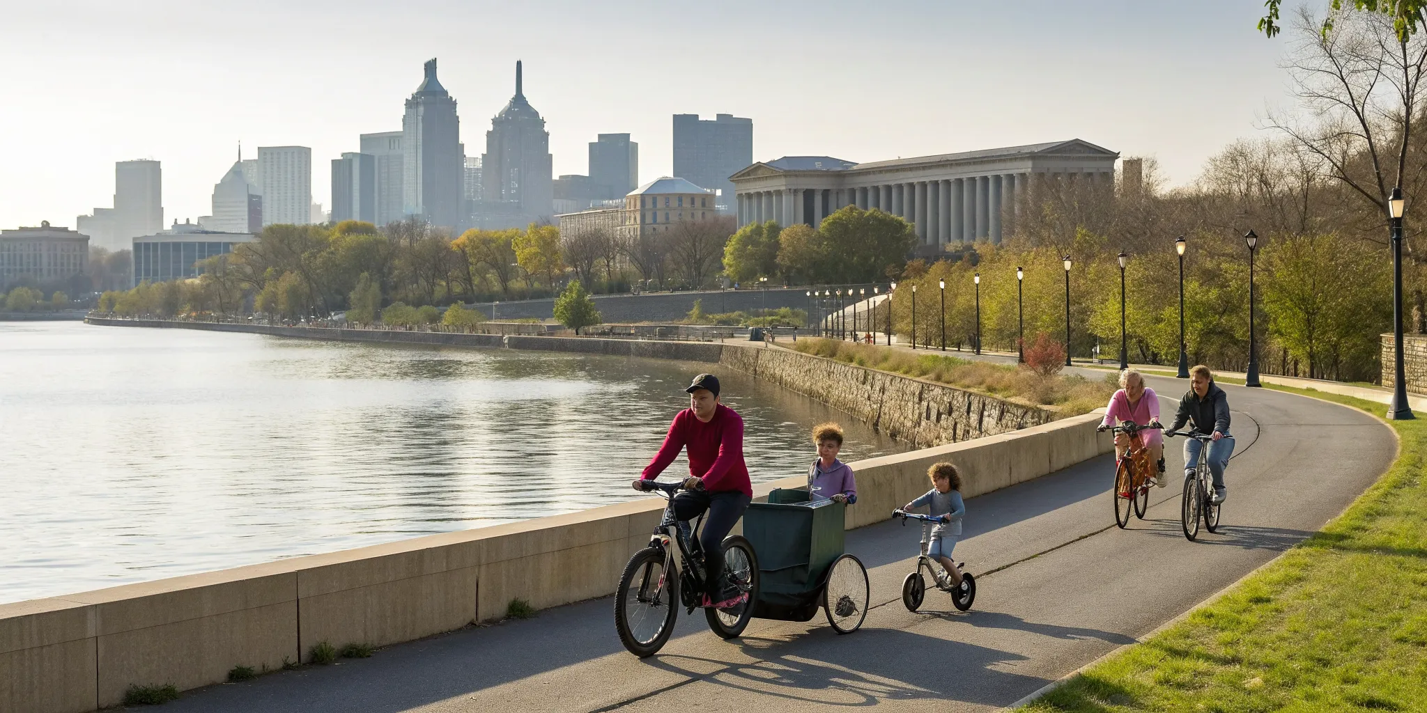 Family enjoying one of Philly's friendly cycling events on a scenic riverside path.