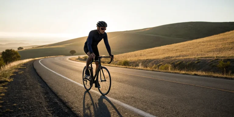 A cyclist tackles a hilly 50 mile bike ride on a scenic road at sunrise.