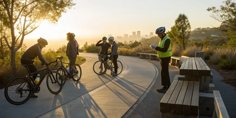A group of beginner cyclists on a scenic trail for a charity bike ride.