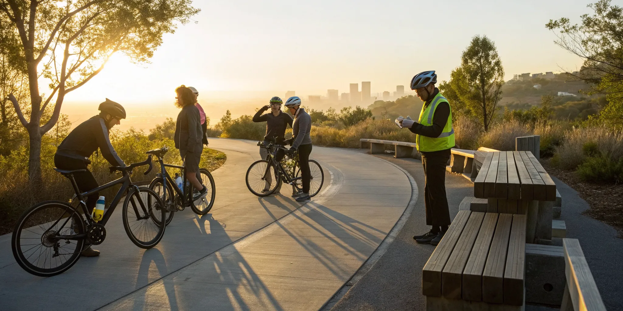 A group of beginner cyclists on a scenic trail for a charity bike ride.