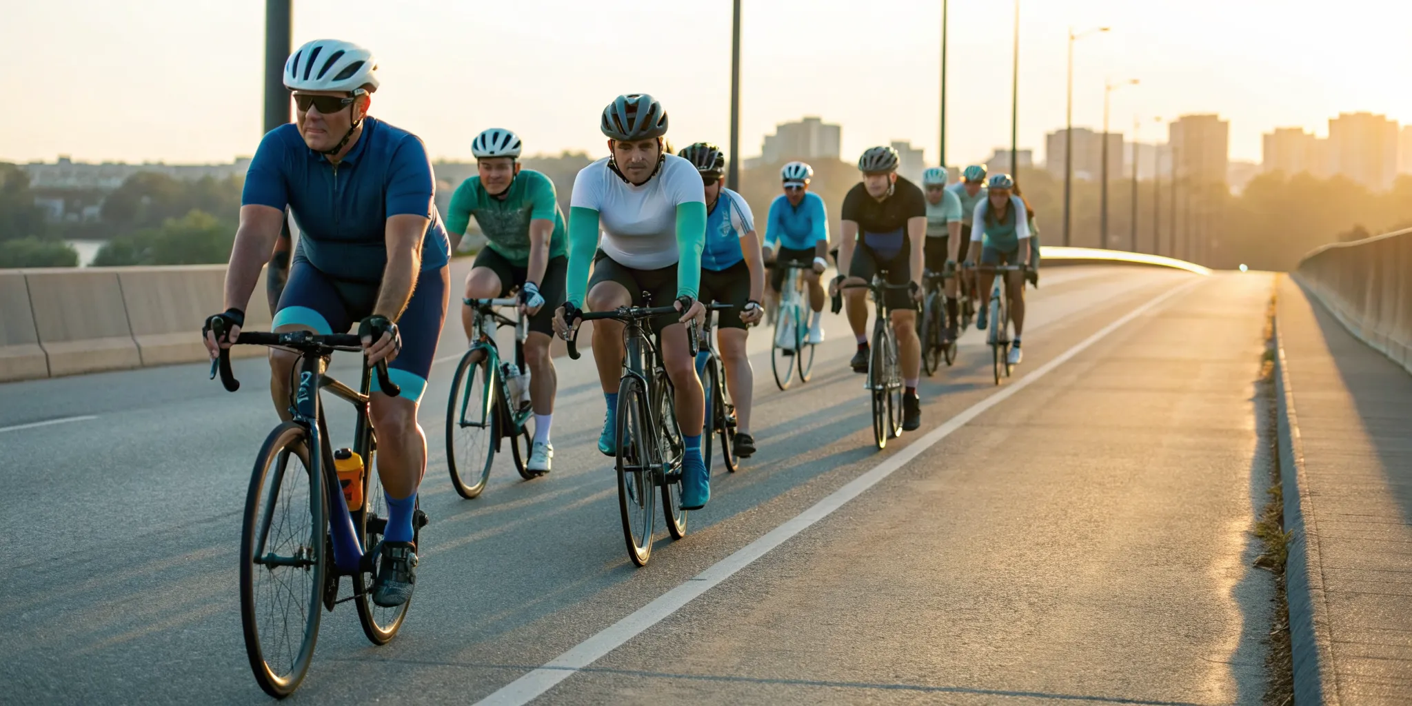 Group of cyclists on a sunrise bike ride for autism awareness.