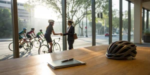 Cyclist secures a local business sponsorship for a charity ride with a handshake.