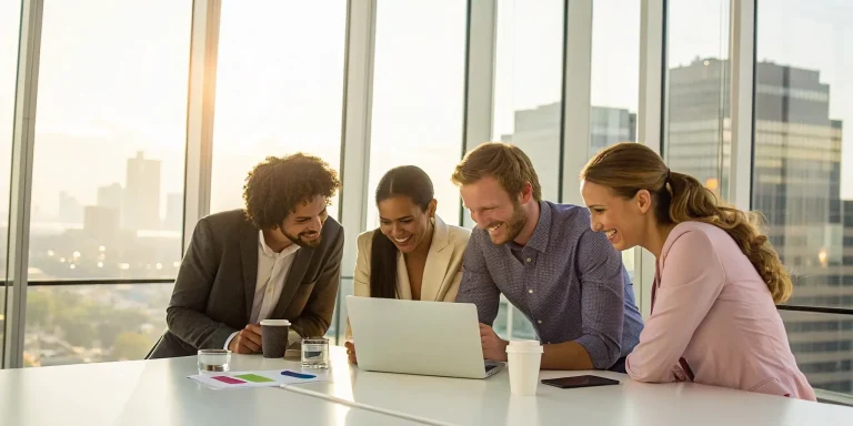 A diverse fundraising team for autism planning their campaign strategy on a laptop.