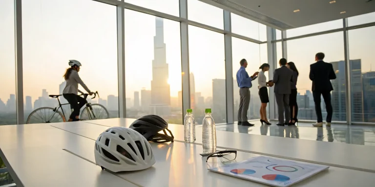 A corporate team in an office with cycling gear planning a team charity ride.
