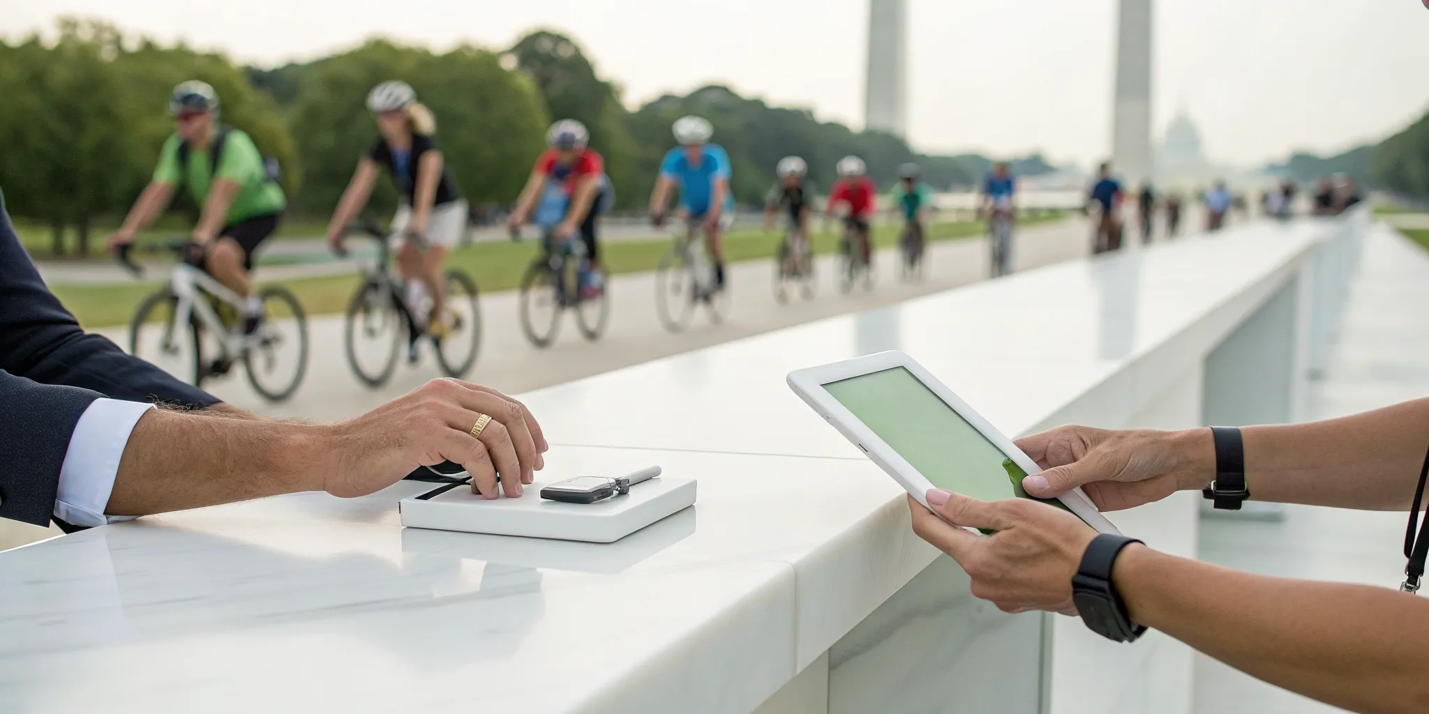 Sign up for a charity bike ride in DC on a tablet near cyclists and monuments.