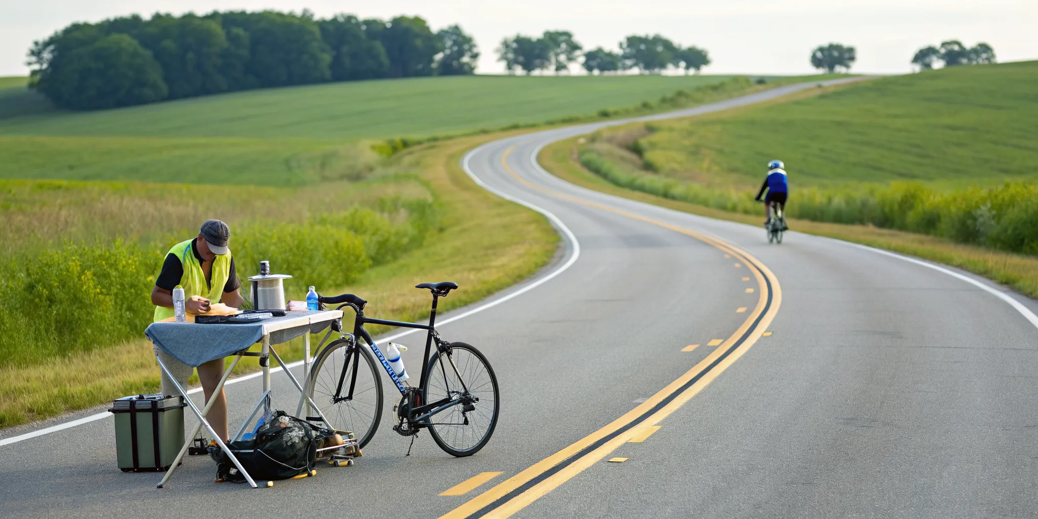 A fully supported bike ride with a cyclist refueling at a rest stop.