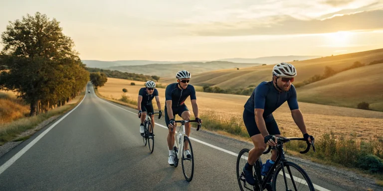 Three cyclists on a scenic country road during a charity century ride.