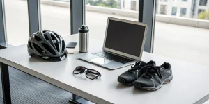 Essential cycling gear on a table for planning the average time of a 100 mile bike ride.