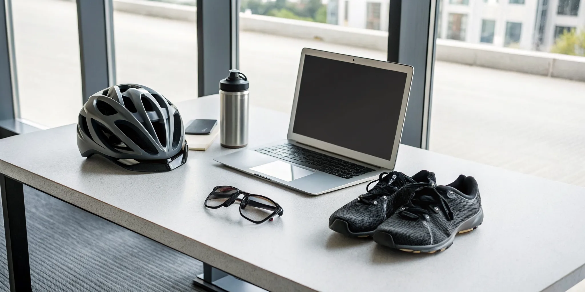 Essential cycling gear on a table for planning the average time of a 100 mile bike ride.