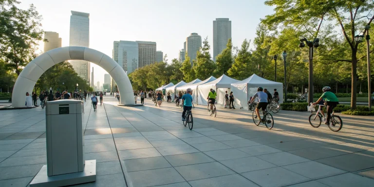Cyclists at a fundraising bike event with sponsor tents and donation booths.