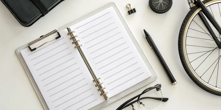 Bike-a-thon fundraiser pledge sheet with a pen and bicycle wheel on a desk.