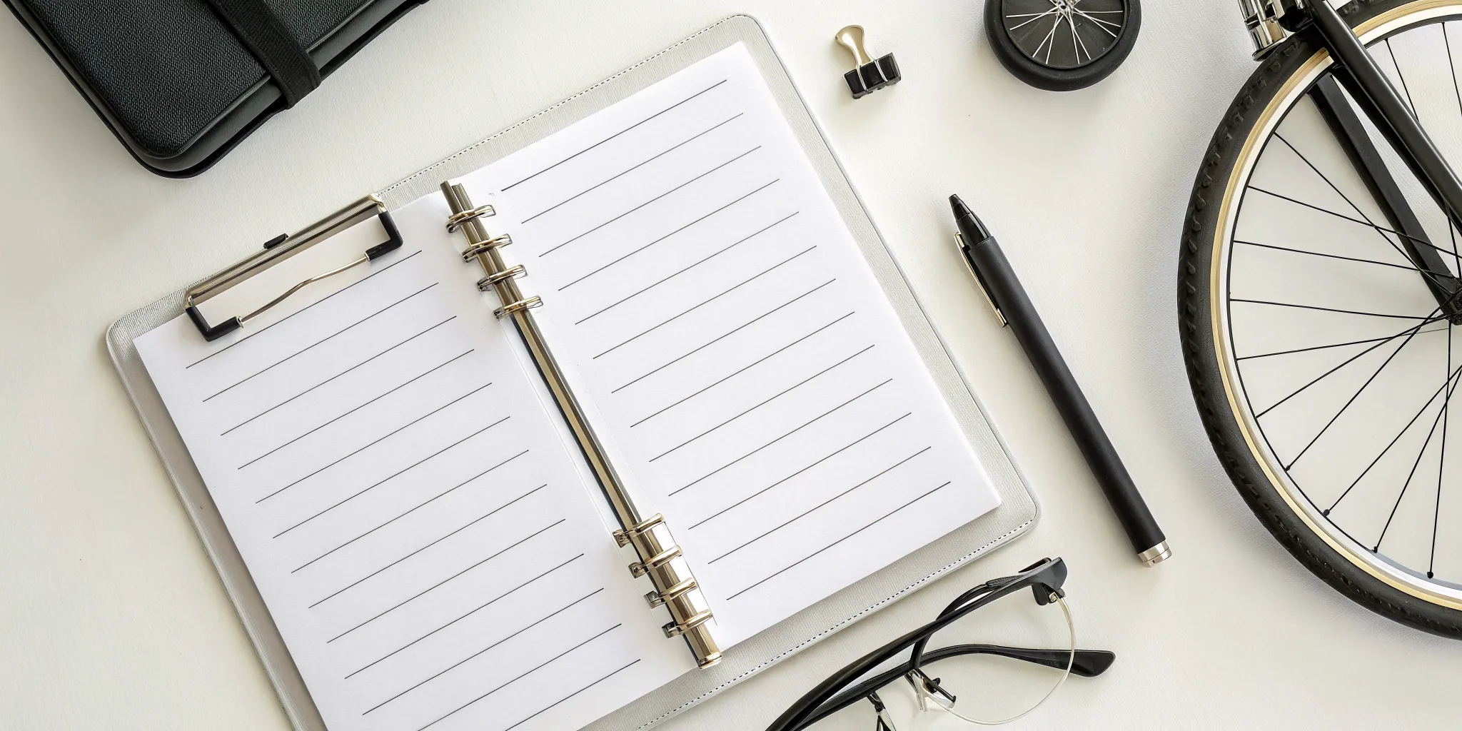 Bike-a-thon fundraiser pledge sheet with a pen and bicycle wheel on a desk.