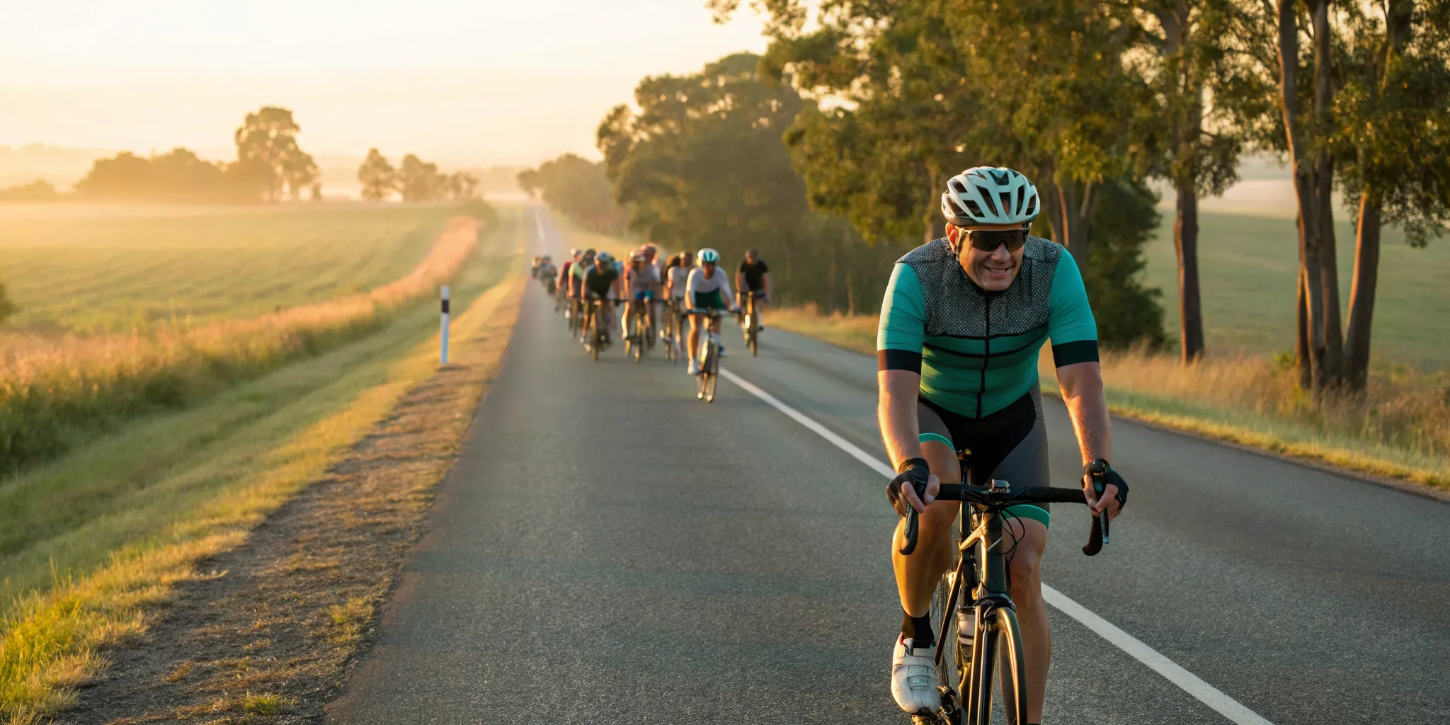 Cyclists on a scenic 50-mile charity bike ride at sunrise.