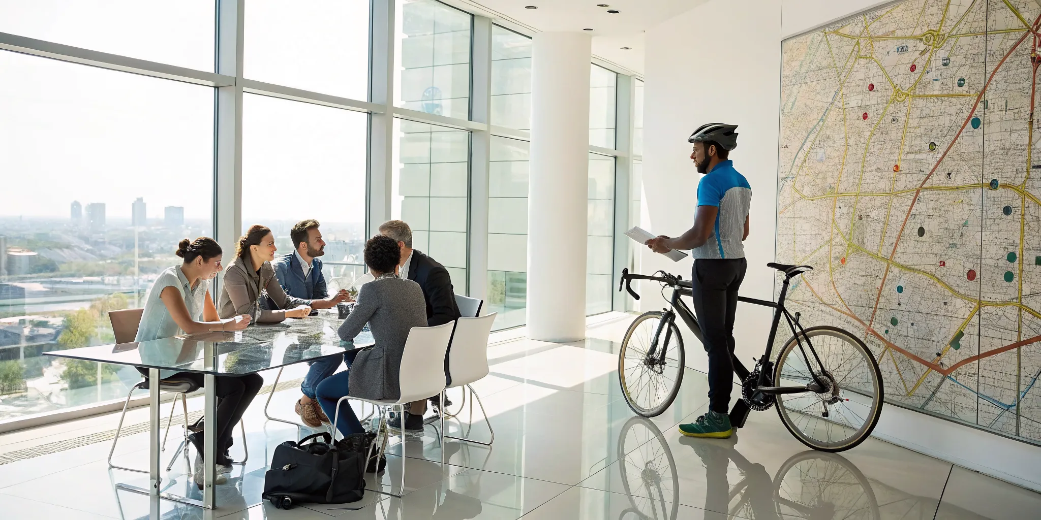 Team in an office with a cyclist planning the steps for how to do a bicycle fundraiser.