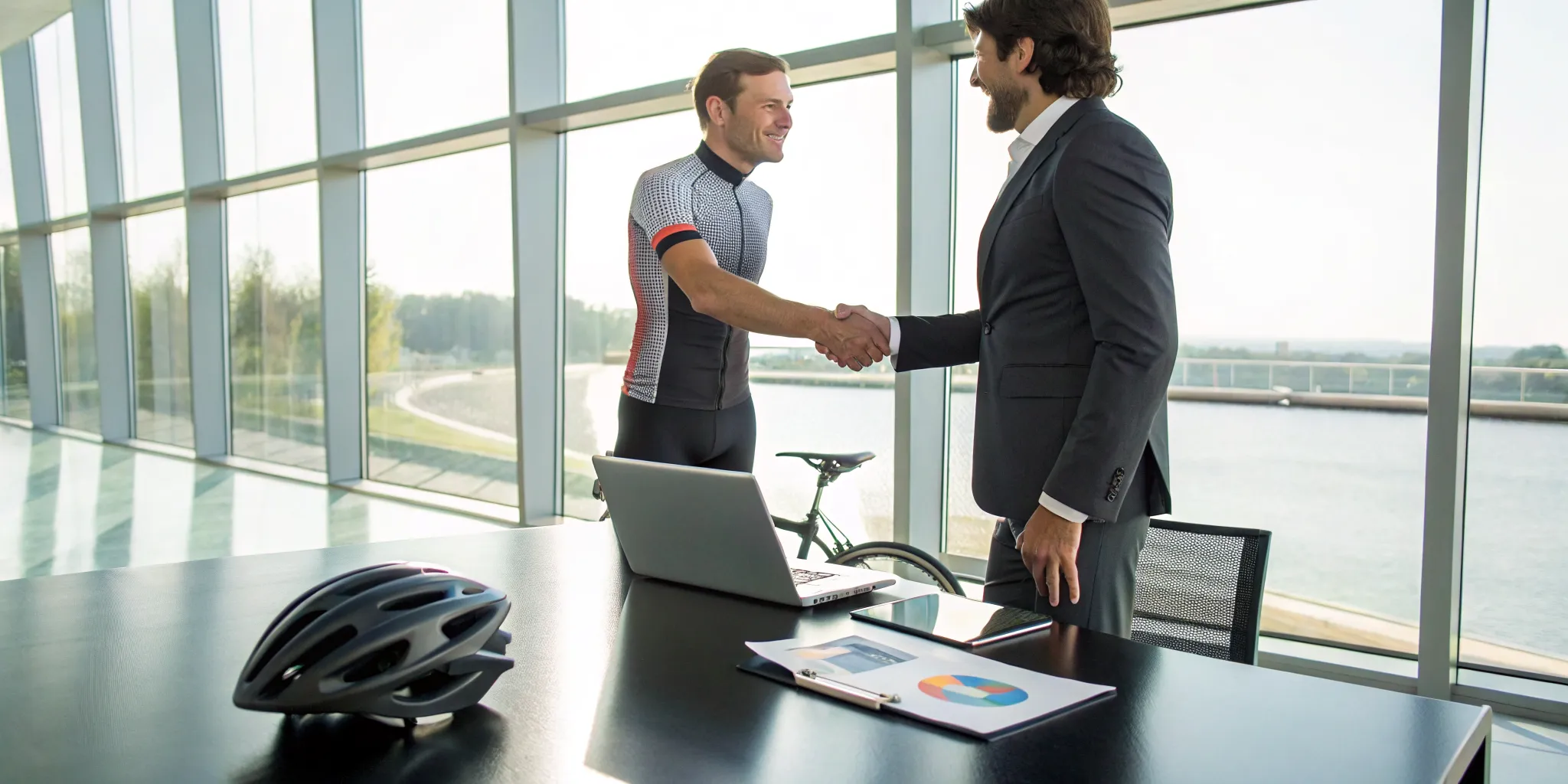 A cyclist learns how to get sponsors for a bike ride and shakes hands on a deal with a businessman.