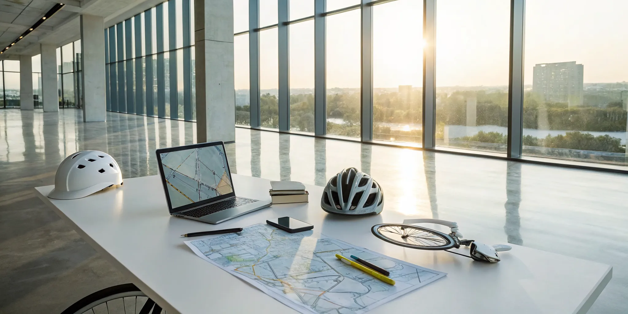Planning a bike ride for a cause with a map, laptop, and helmets on a desk.