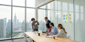 Corporate team planning a team building charity event in an office.