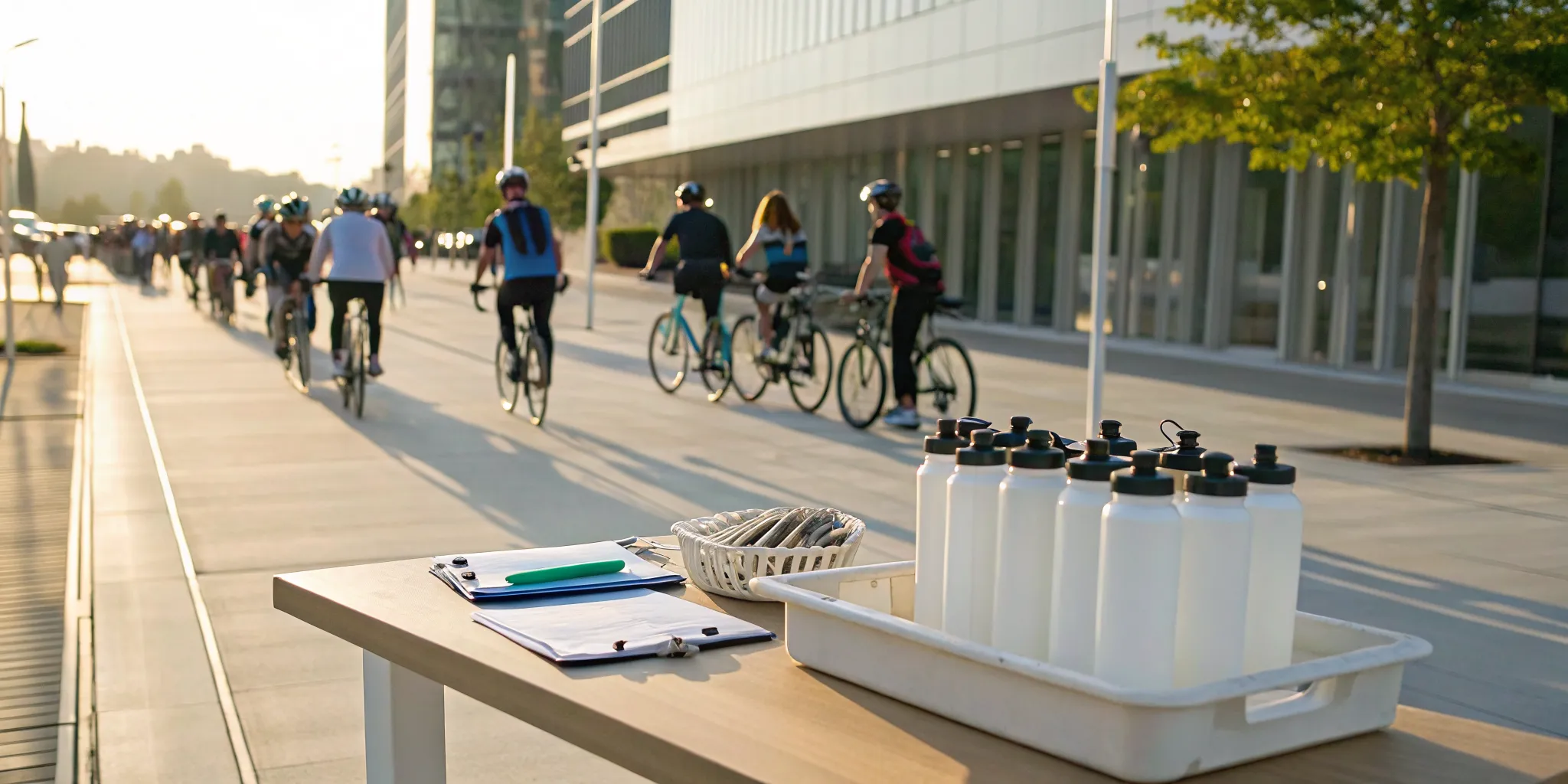 Bike-a-thon fundraiser check-in table with water and sign-up sheets for riders.