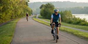 Beginner cyclists training on a paved trail for a 50 mile bike ride.