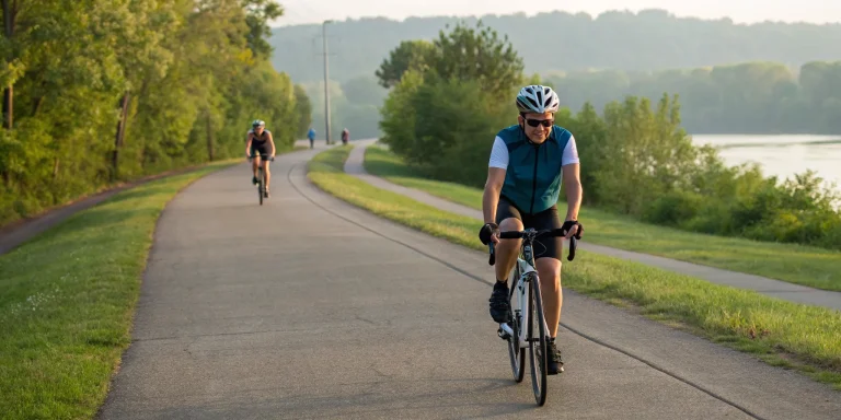 Beginner cyclists training on a paved trail for a 50 mile bike ride.