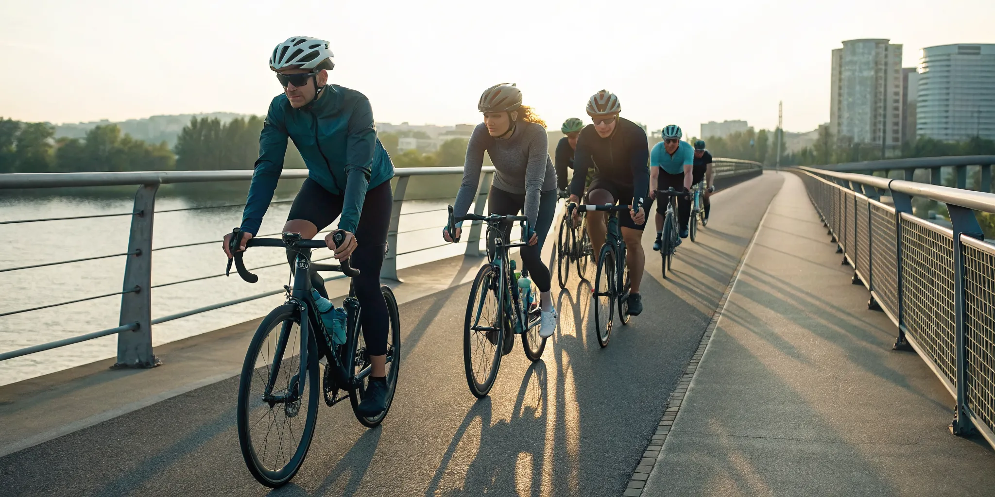 A corporate team on a team building bike ride, cycling across a city bridge at sunrise.