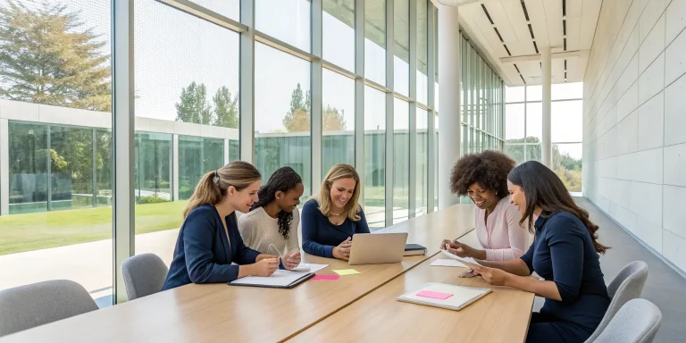 Sorority sisters planning philanthropy event ideas at a conference table.