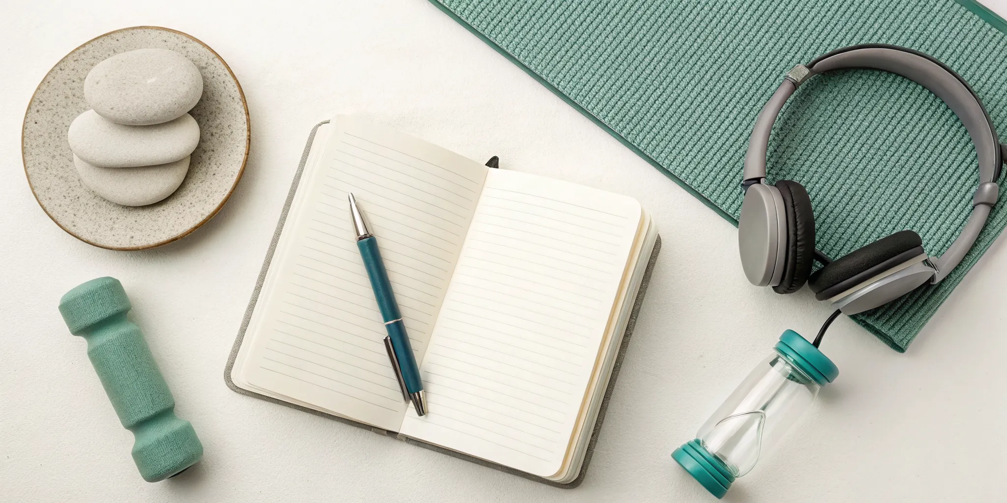 Planning health challenge ideas with a notebook, dumbbell for body, and zen stones for mind.