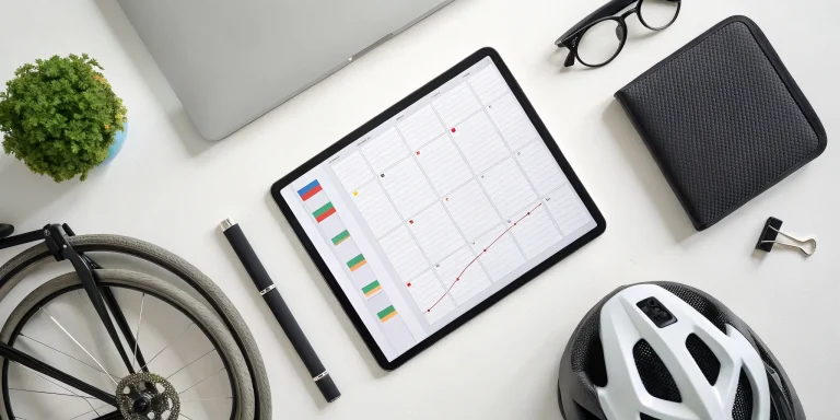 A 100 mile cycle training plan PDF on a tablet, with a helmet and water bottle on a desk.