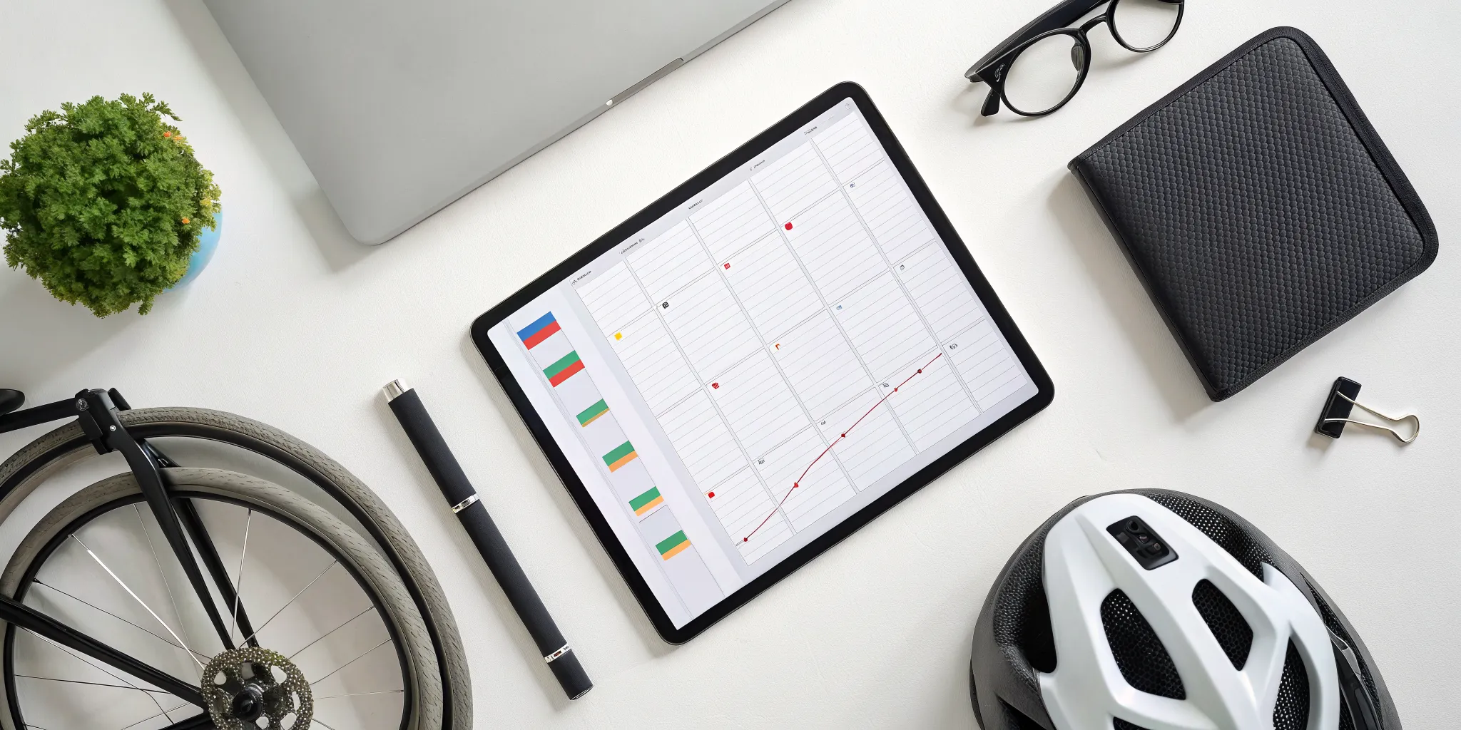 A 100 mile cycle training plan PDF on a tablet, with a helmet and water bottle on a desk.