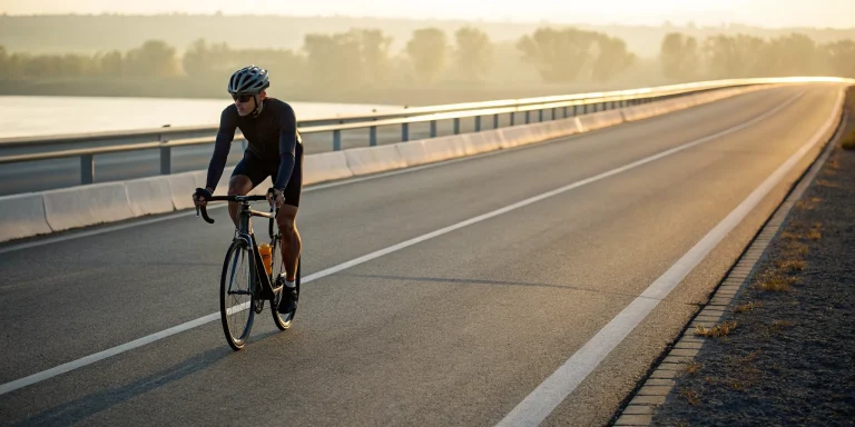 Cyclist on a 25 mile bike ride at sunrise, burning calories.