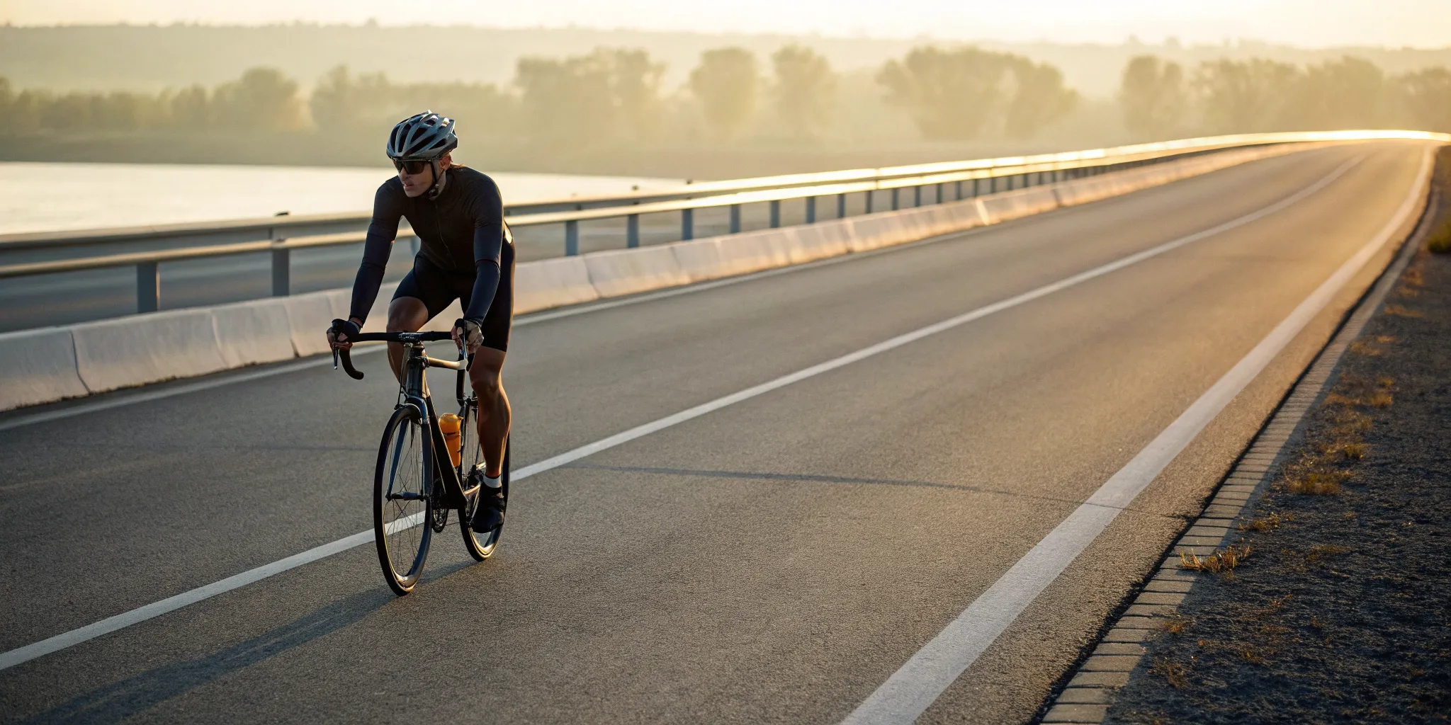 Cyclist on a 25 mile bike ride at sunrise, burning calories.