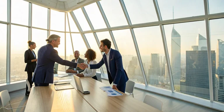 Business professionals shaking hands, securing a corporate sponsor for a nonprofit.