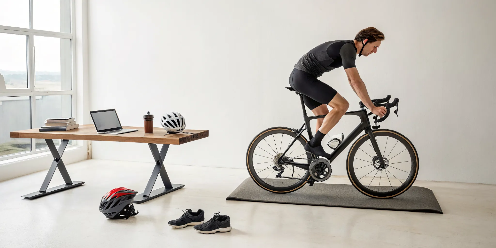 Cyclist training indoors on a bike for a century ride.