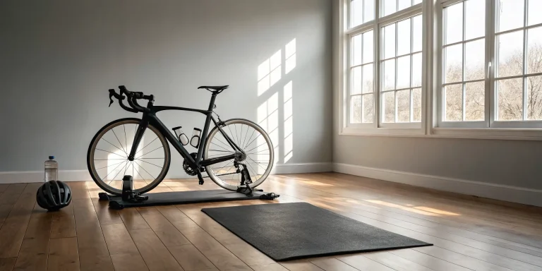Road bike on an indoor trainer for 50 mile cycle training.