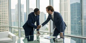 Two business leaders shaking hands, an example of corporate sponsorships for nonprofits.