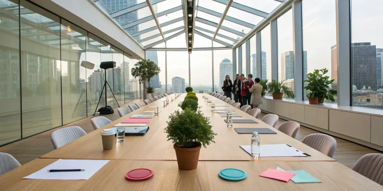 Nonprofit team planning fundraising event ideas in a modern conference room.