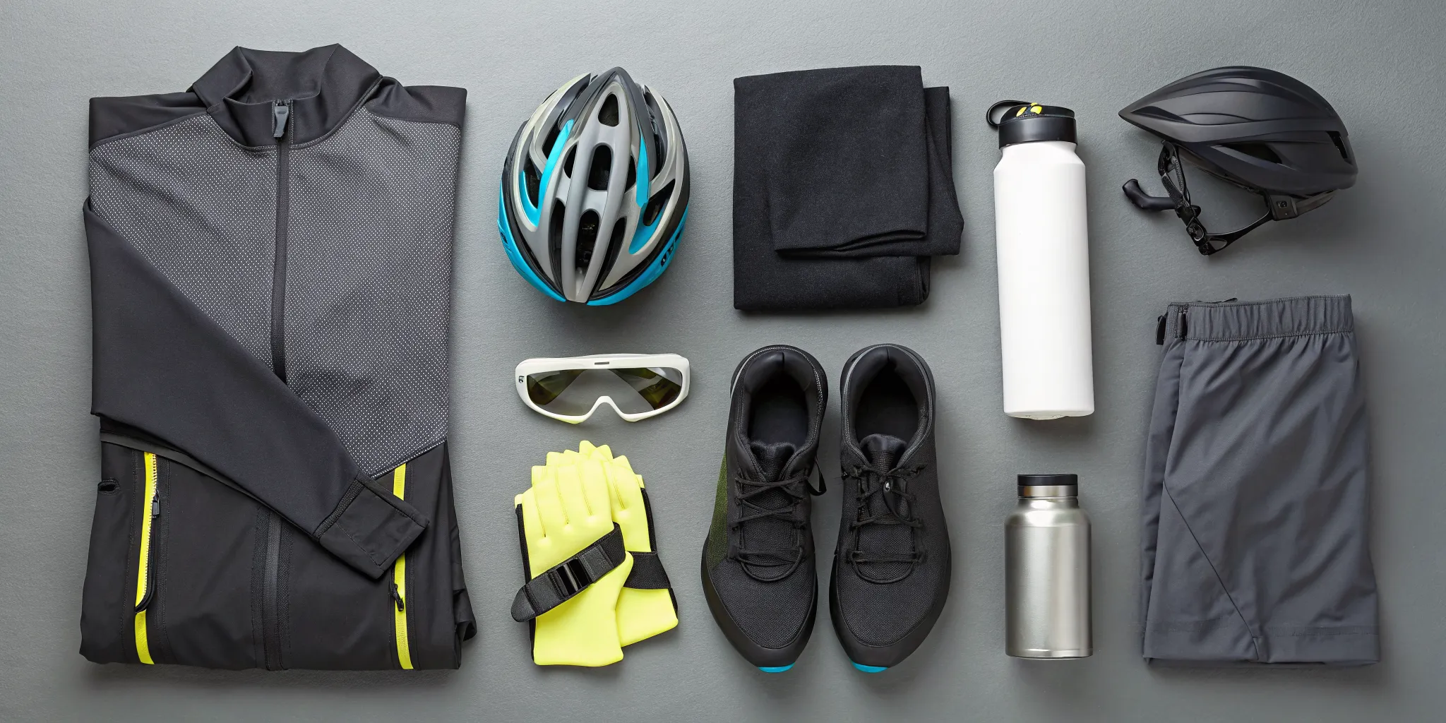 A cyclist's gear laid out for a 100 mile bike ride, including a helmet, kit, and nutrition.