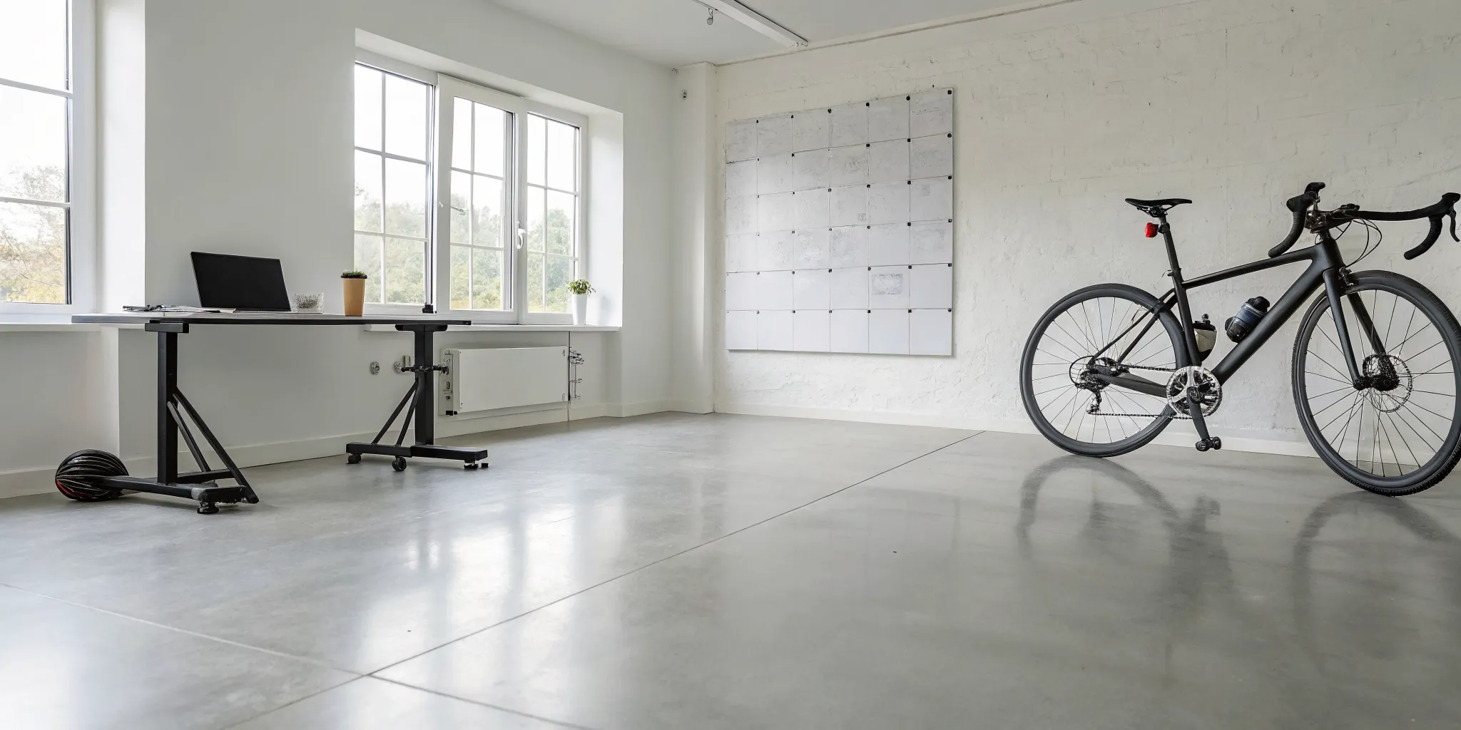 Road bike in a home office next to a laptop displaying a century ride training plan.