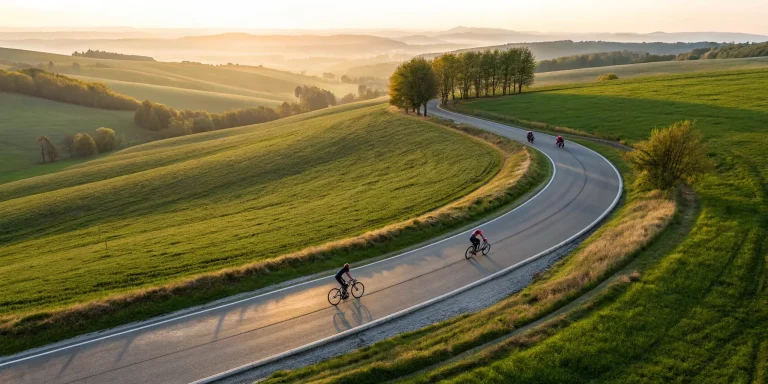 Cyclists ride through scenic hills during a 100 mile bike ride event.
