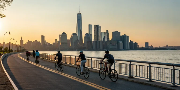 Cyclists on a century bike ride in New York with the city skyline at sunrise.
