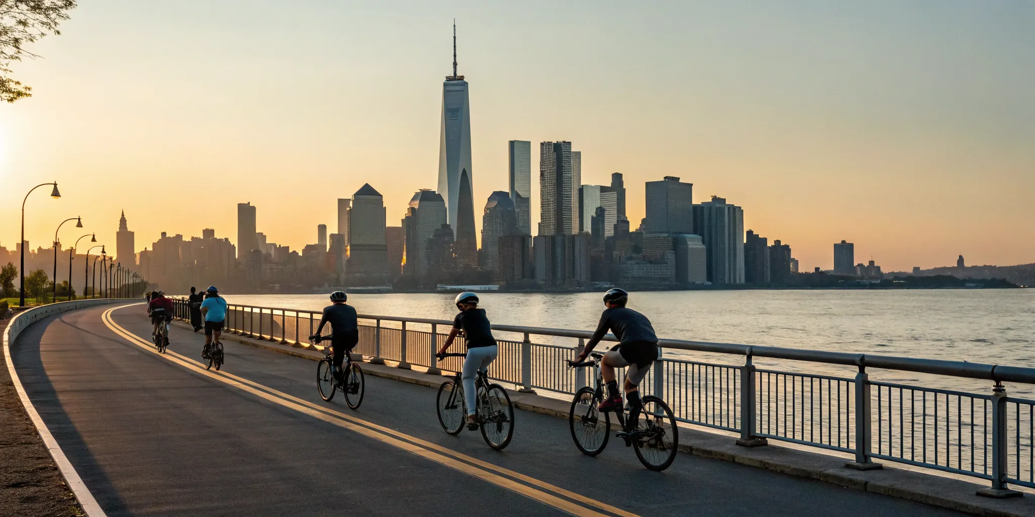 Cyclists on a century bike ride in New York with the city skyline at sunrise.