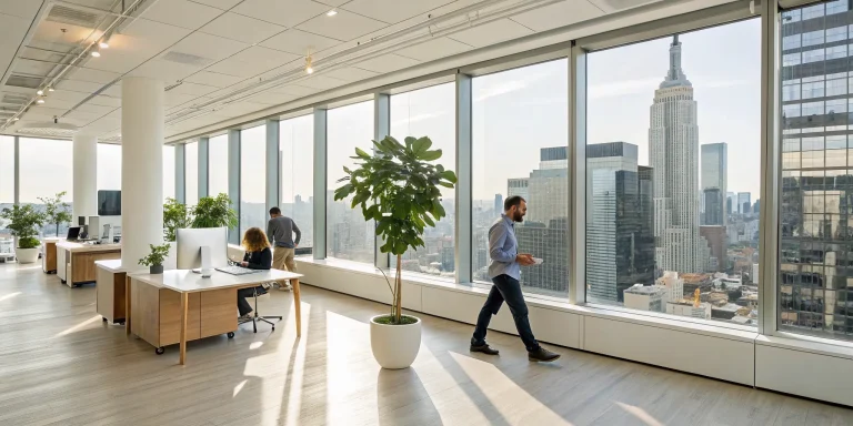 Employees participating in monthly wellness challenges in a bright, modern office.