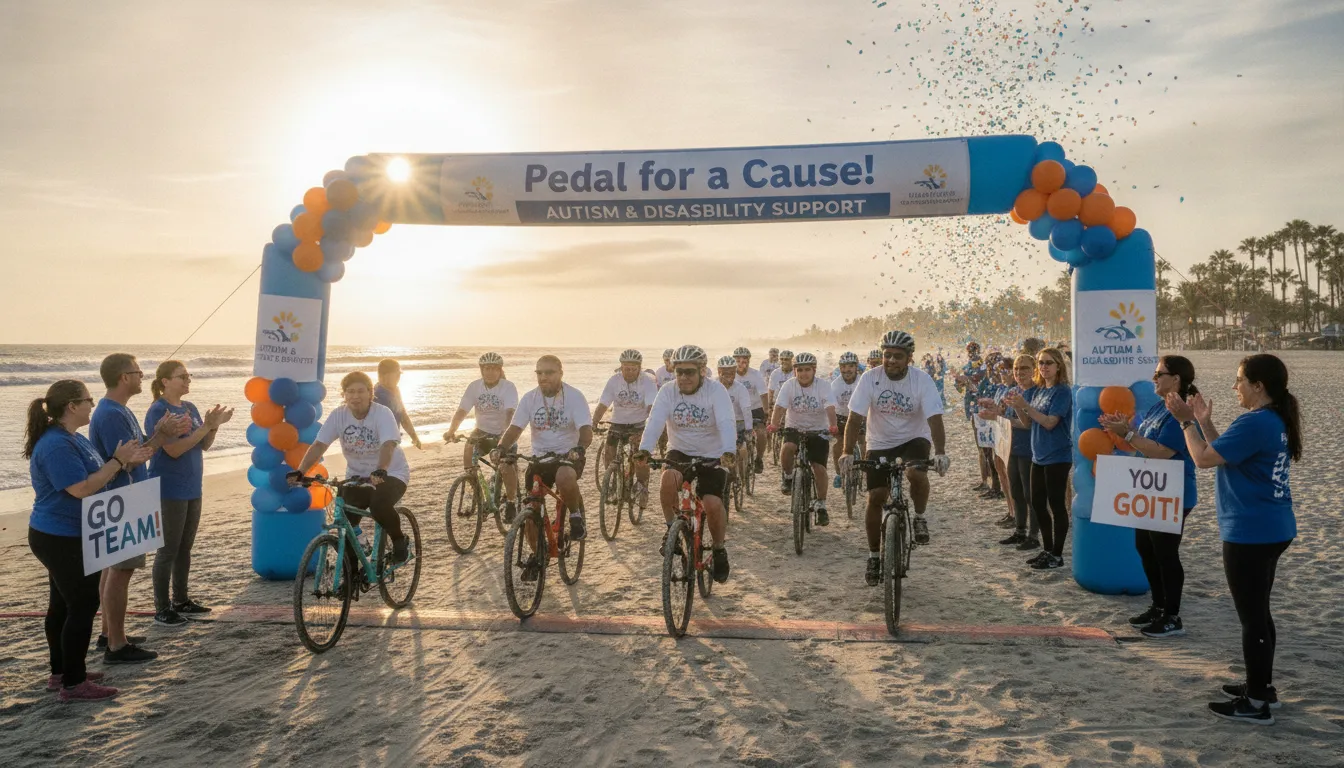 Charity cyclists riding together toward a beach finish