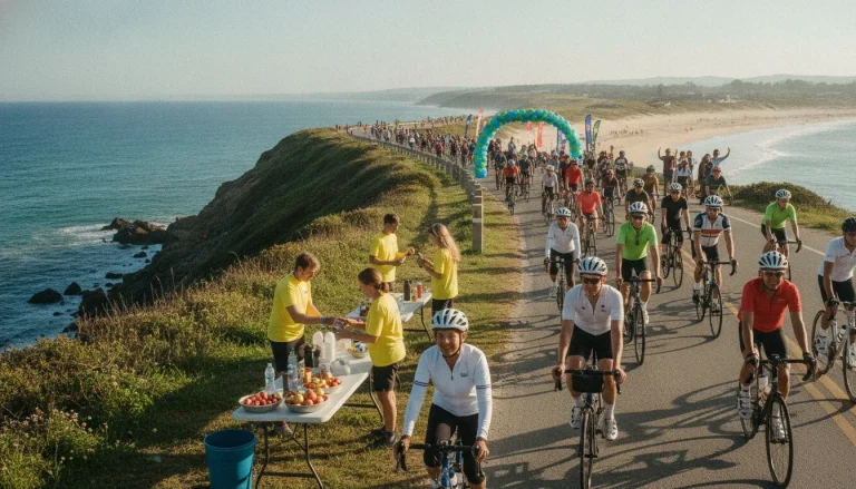 Cyclists and volunteers at a supported bike fundraiser near the beach