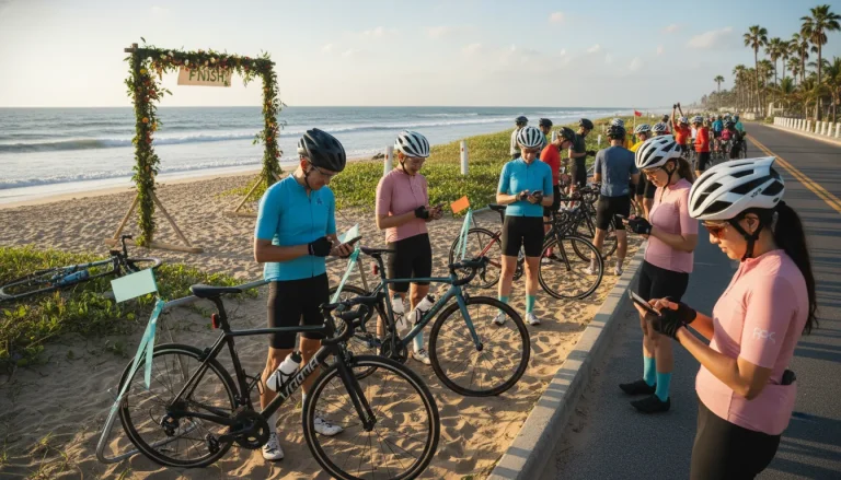 Bike fundraiser riders preparing donation messages near the beach