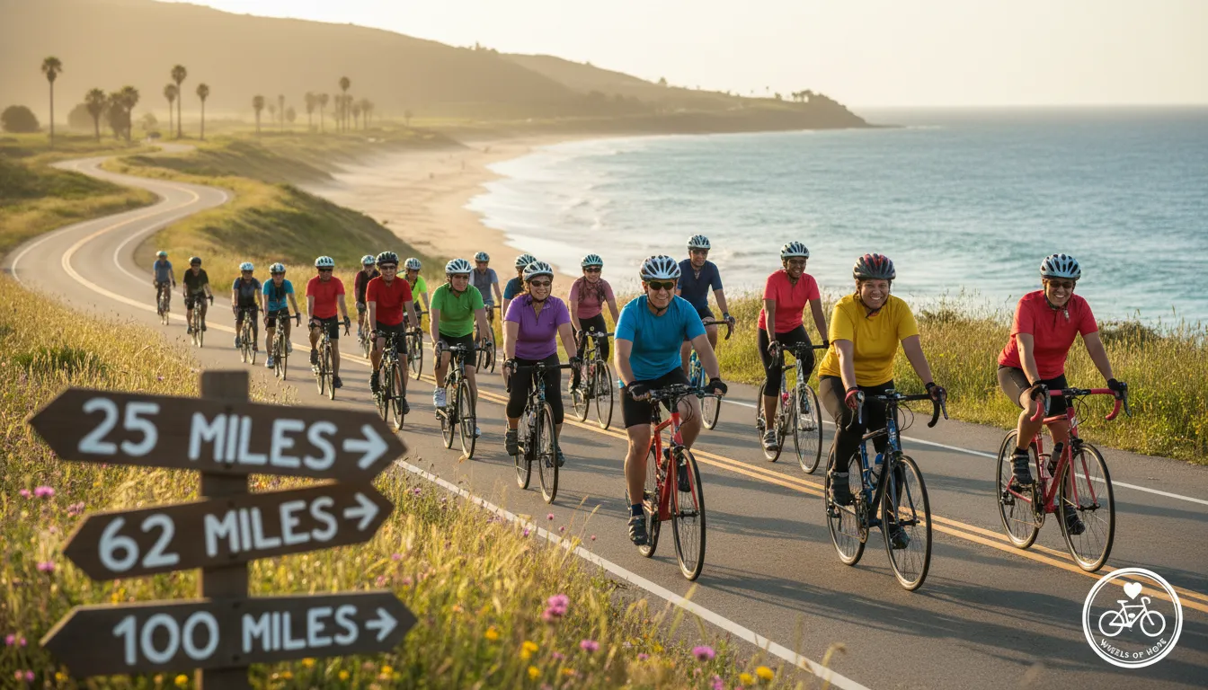 Cyclists choosing a charity bike ride route distance