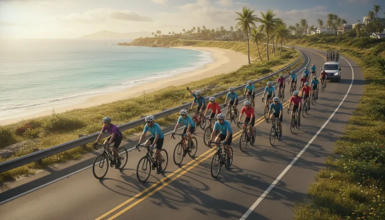 Cyclists riding together toward a sunny beach finish