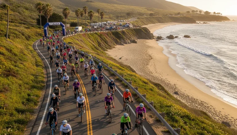 Community cyclists riding together in a cycling fundraiser